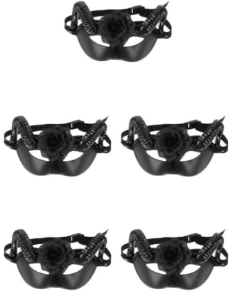 KALLORY 5pcs Halloween Half Face Masks with Ram Horns and Flower Design Creepy Animal Cosplay Props for Men and Women Spooky Masquerade Balls and Themed Party Events
