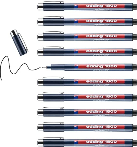 edding 1800 profipen - black - 10 pens - line width 0.35 mm - fineliner pen for precise writing, sketching and technical drawing - fine, metal-encased nib - suitable for use with rulers and stencils