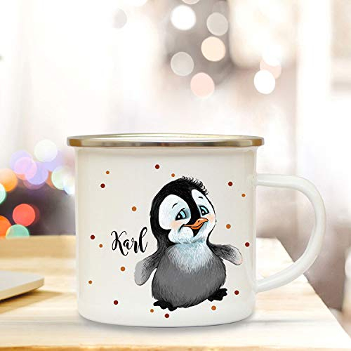 ilka parey wandtattoo-welt Emaillebecher mit Pinguin & Name Wunschname Campingtasse mit Punkte Kaffeetasse Geschenk eb256