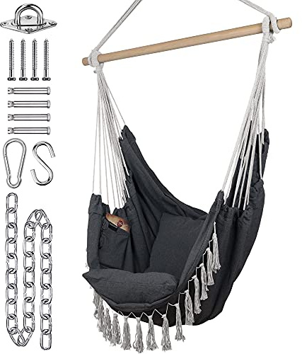 KOMOREBI Silla hamaca | Columpio de cuerda colgante para interiores y exteriores | Lona de algodón suave y duradera | 2 cojines incluidos | Silla colgante grande de macramé con bolsillo para