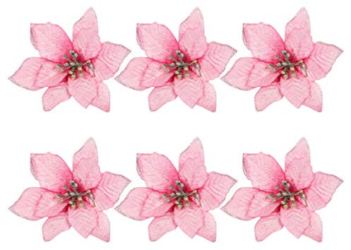 Healifty Lot de 24 fleurs artificielles de poinsettia avec paillettes pour décoration de sapin de Noël Rose