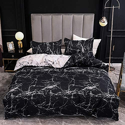 Boqingzhu Marmor Bettwäsche 135x200 cm 4teilig Schwarz Weiß Muster Wendebettwäsche Set Microfaser Bettbezug und 2 Kissenbezüge 80×80cm mit Reißverschluss