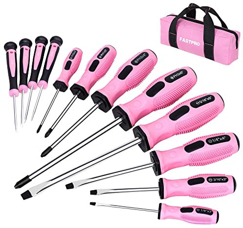FASTPRO Lot de 12 tournevis magnétiques roses avec tournevis cruciformes fendus et tournevis de précision, kit d'outils de réparation pour femme avec sac de rangement