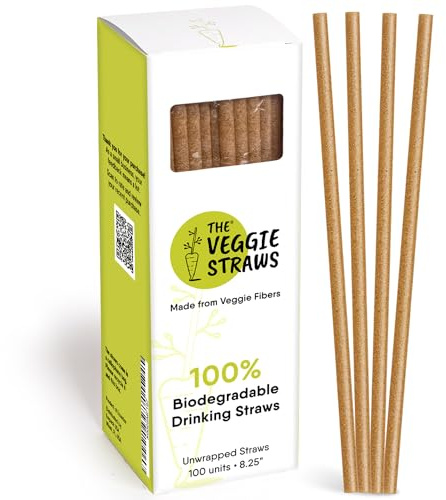 The Veggie Straws – 100 PCS of 8.25 Inches Unwrapped Biodegradable Straws – Made of Vegetable Fibers, Best Environment Friendly Drinking Straws for Hot and Cold Beverages