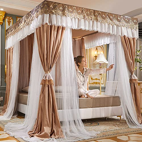 YXZN Bettvorhang Himmelbett Himmelbett Doppelschicht Prinzessin Vorhänge Baldachin für Mädchen Einzel-/Kingsize-Bett mit Rahmen, 180 × 220 × 200 cm, Camel