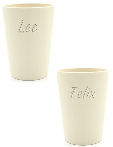Magu - Tazza personalizzata in biopolimero (100% senza petrolio) con nome, bicchiere + incisione personalizzata, naturale, adatta per spazzolini da denti, 2 pezzi color bianco naturale