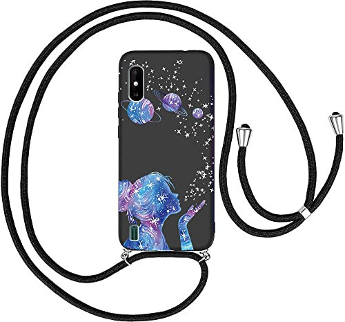 JMTALL für Wiko Y81 Handykette Hülle Silikon Necklace Handyhülle mit Kordel Umhängeband Tasche Schwarz Band Case Kette TPU Bumper Schutzhülle Universum Mädchen