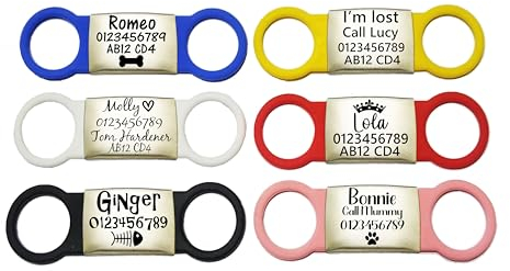 Slide ON Collar Steel Silver TAG with Elastic Silicone Engraving Rectangle ID Name Band DISC Personalised Dog Tag CAT TAG Different Font Tags-Laser Engraving (S-(MAX 1.8cm Collar Width), Black Band)