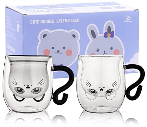 Lot de 2 tasses à thé et café en forme de chat mignon avec poignée - Tasse à lait à double paroi isolée en verre - pour un anniversaire, la Saint-Valentin et le bureau cadeau de Noël - Blanc et noir