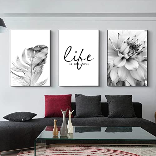 Trayosin 3-teiliges Premium Poster Set Aesthetic Blume Schwarz Weiß Feder Löwenzahn Bilder Moderne Wandbilder, Wohnzimmer Schlafzimmer Wanddeko Art ohne Rahmen (A,21x30cm)