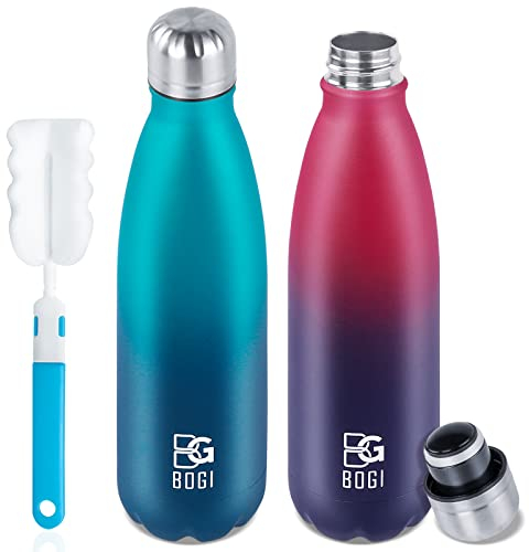 BOGI Edelstahl Trinkflasche 500ml, 2-Pack Doppelwandige Thermosflasche Auslaufsicher Trinkflasche Edelstahl Isolierflasche BPA-Frei Kinder Trinkflasche Schule Hält Heiß und Kalt für Sport Fahrrad