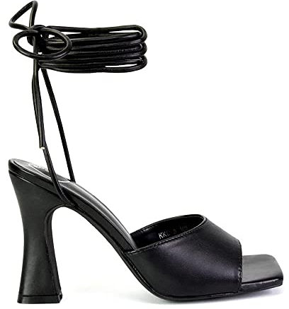 Womens Block Heel Lace Up Sandals Ladies Strappy Anklel Strap Square Toe Shoes Size 3 4 5 6 7 8 Black Faux Leather