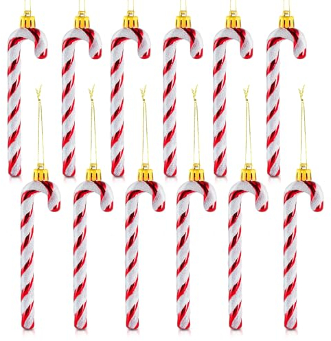 Zuckerstangen Weihnachtsbaum, 12 Stück Zuckerstange Deko, Weihnachtsdeko Zuckerstangen Anhänger zum Weihnachtsbaum mit Kordel,Glitzernd Rot, 13 cm