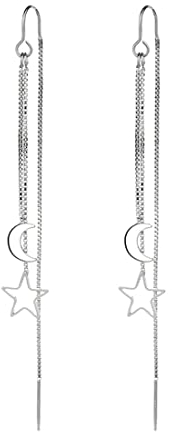 Bramian Stern-Mond-Tropfen-Ohrringe, Silber, langkettige Einfädler-Ohrringe, durchziehbare Ohrringe für Frauen und Mädchen (1 Paar)