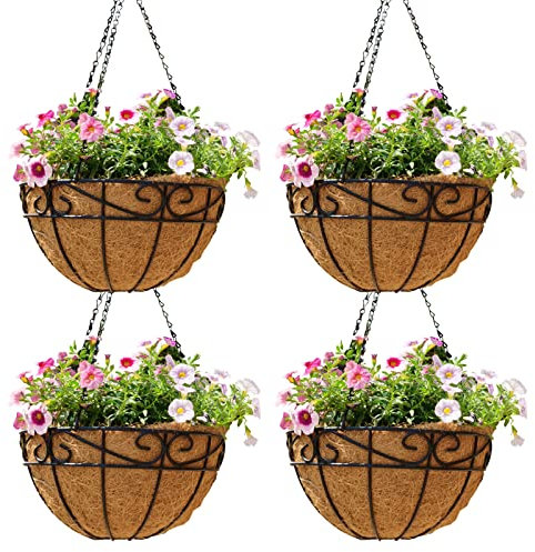 25.4 cm Metall-Hängekörbe für Pflanzen im Freien, 4 Stück, runder Metalldraht, Hängekorb, Pflanzgefäß mit Kokosfaser-Einlagen, Kette, runder Draht, Pflanzenhalter für Garten, Pflanzen, Blumentöpfe