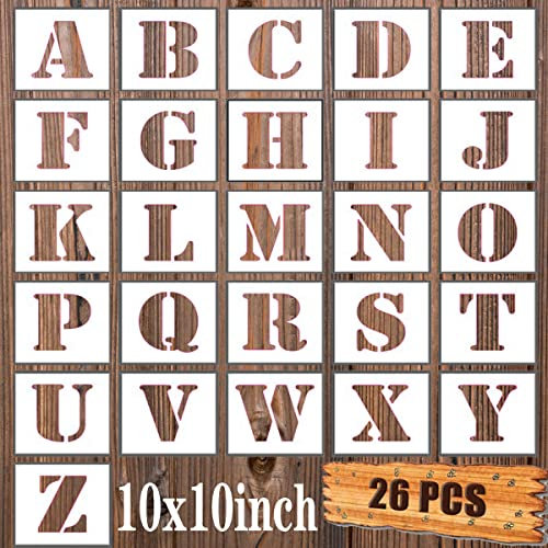 BTORER 10inch Letter Schablonen Set, 26pcs Kunststoff wiederverwendbares Maßstab Sprühen von Alphabet Schablonen Lernvorlagen zum Malmalerei Holz Wanddekoration, DIY -Handwerksprojekte, Familiennamen