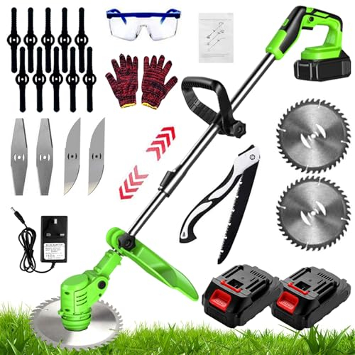 Gompuy Garden Strimmer, Electric Cordless Strimmer, Brush Cutter with Blades, Grass Trimmers with 21V 2000mAh Batteries, Lightweight Cordless Retractable, Suitable for Garden, Lawn Mowing