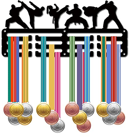 CREATCABIN Porta Medaglie Karate Appendiabiti Espositore Sport Metallo Appeso Premi Ferro Piccolo Supporto Decor Premi per Parete Casa Distintivo Gara Corsa Ginnastica Nuoto Medaglia Nero 29x13cm