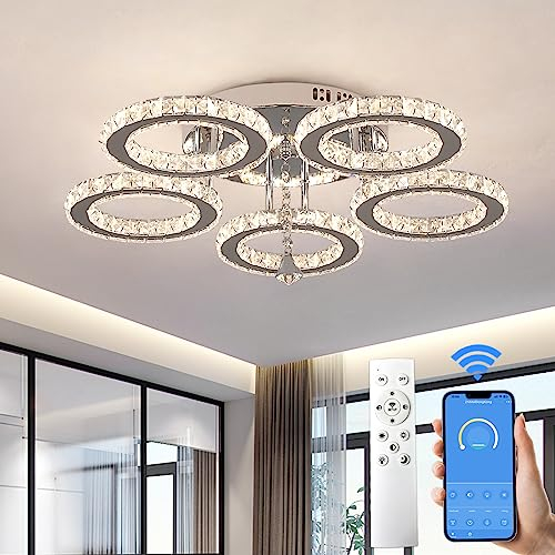 VETRULUS Moderne Kristall-LED-Deckenleuchte – Dimmbare halbflächenbündige Kristall-Lüster für Wohnzimmer – 5-Ring-Deckenleuchte für Schlafzimmer, Küche, LED-Kronleuchter