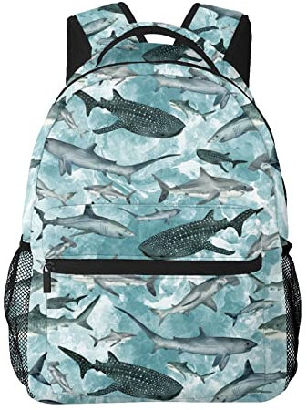 Watercolor Ocean Sharks Kids Backpacks Large-Capacity School Bags 16 Inch Portable Laptop Bookbag Casual Backpack For 1th- 6th Grade Boys And Girls
