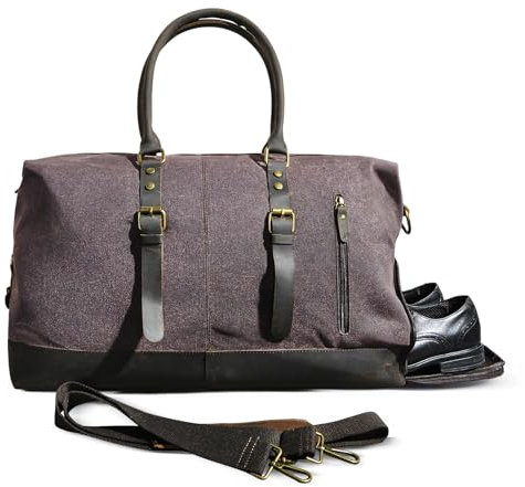Wasserabweisend Canvas Crazy Horse Leder Reisetasche 35L Trim Unisex Handgepäck Weekender Tasche Sporttasche für Reise Wochenende Urlaub FB8151 (X-8154- Kaffee)