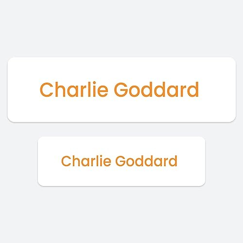 50 x No Iron Medium Personalised Stick On Waterproof Washable Name Labels Great for Clothes, School Uniform, Equipment, Shoes and More. School, Nursery, Day Care, Hospital - White with Orange Text