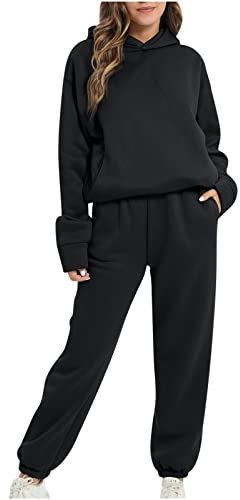 EMATOP Zweiteiler Damen Winter Trainingsanzug 2 Teiliges Set Langarm Hoodie + Jogginghose Sport Outfit Baumwolle Einfarbig Jogginganzug Warm Sweatshirt und Lange Hose Sportanzug Tracksuit