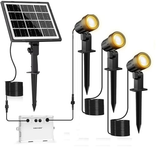 MEIKEE 3 in 1 Solar Spot Lights Outdoor Garden Warm White 2700K Dimmable Garden Spike Light Breathing & Strobe Modes Lawn Lights Solar Landscape Spotlights IP66 Waterproof for Yard Lawn Trees Path