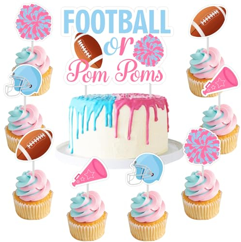 Sursurprise Fußball Geschlecht Reveal Dekorationen, 25PCS Fußball oder Pom Poms Kuchen Topper Cupcake Toppers, Fußball oder Pom Poms Geschlecht Reveal Party Supplies für Junge oder Mädchen