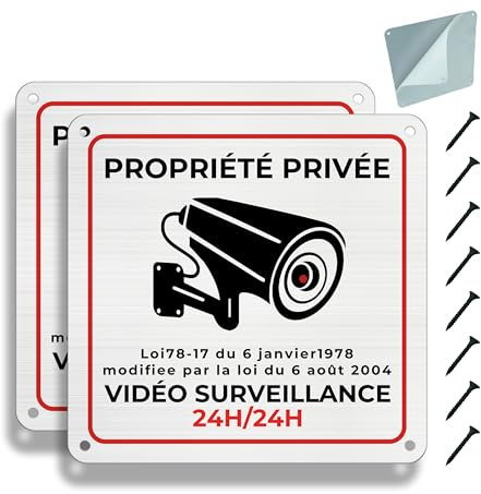 FloraVigo Panneau de surveillance caméra, Propriété privée sous vidéosurveillance, Panneau de vidéosurveillance 15 x 15 cm, tôle d'aluminium, étanche, avec autocollants et trous prépercés (2)