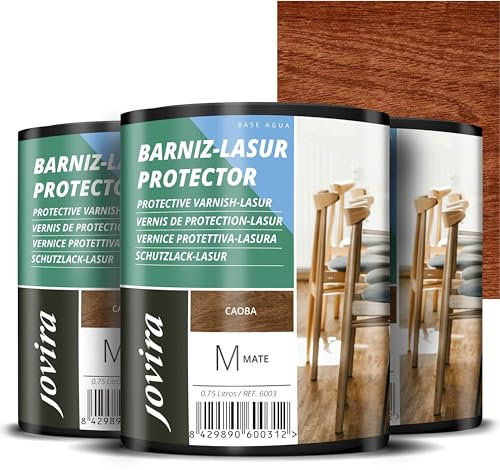 JOVIRA PINTURAS BARNIZ-LASUR Protector Mate al Agua. Protege, decora y embellece todo tipo de madera. (3x750 Mililitros, Caoba) F-2-3