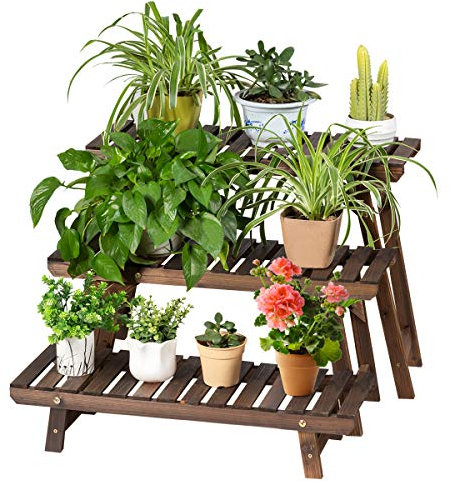 GOPLUS Soporte para Plantas de Madera, Juego de Estantes de 3 Piezas en Cualquier Combinación, Jardinera Escalonada, Escalera para Flores Carbonizada, para Balcón, Terraza, Jardín, Interior y Exterior