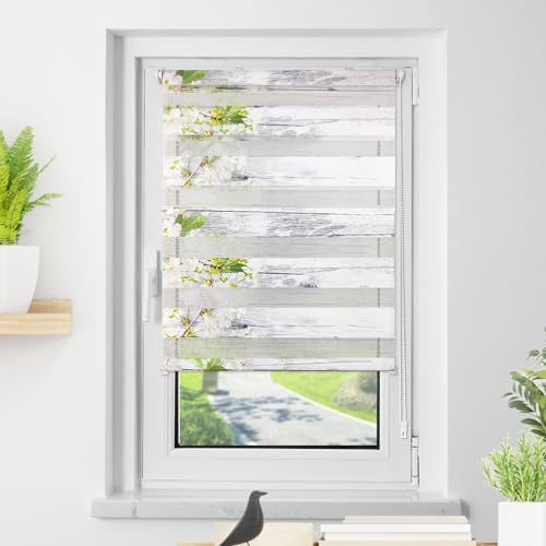 Deswell Doppelrollo Klemmfix ohne Bohren Weiß-Blüten B90 x H150 cm (Stoffbreite 86cm) Doppelrollo mit Muster, Duo Rollos für Fenster ohne Bohren Rollos mit Motiv, Seitenzugrollo Lichtdurchlässig