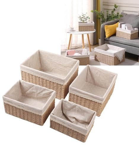 YLSZHYR 4Pcs Woven Storage Baskets Straw Woven Different Sizes Stackable Bathroom Baskets for Home Bedroom Office Storage Bins Cubes Boxes Storage Baskets Bins