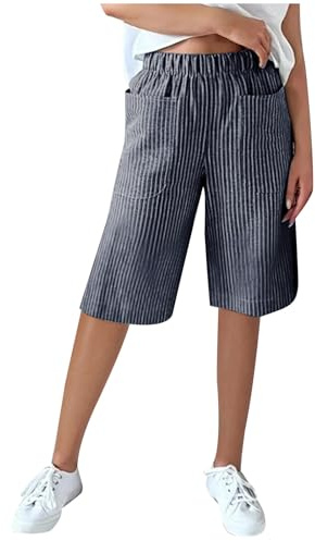 Knee Length Shorts for Women Casual Striped Summer Shorts with Pockets Ladies Comfy Loose Bermuda Lounge Shorts Womens Pull On Elastic Waisted Long Shorts