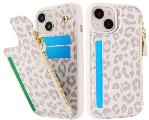 SailorTech Handyhülle für iPhone 13 Etui mit Kartenfach, iPhone 13 Hülle mit Kartenhalter, iPhone 13 Handyhülle mit Reißverschluss Geldbörse - Weißer Leopard