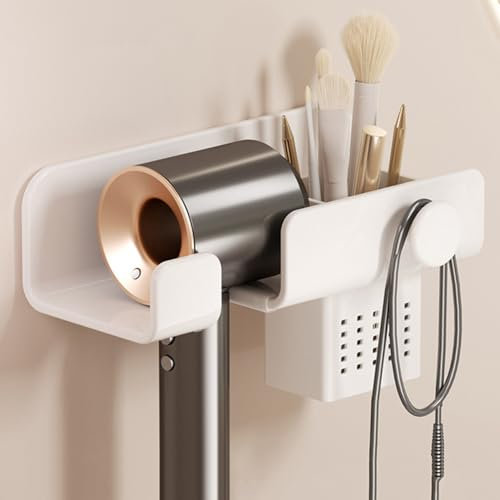 astylishome Bathroom Storage Unit Hair Dryer Holder Wall Mounted Hairdryer Rack Shelf without Drilling Multifunctional Shower Room Accessories Bath Basket White 1105