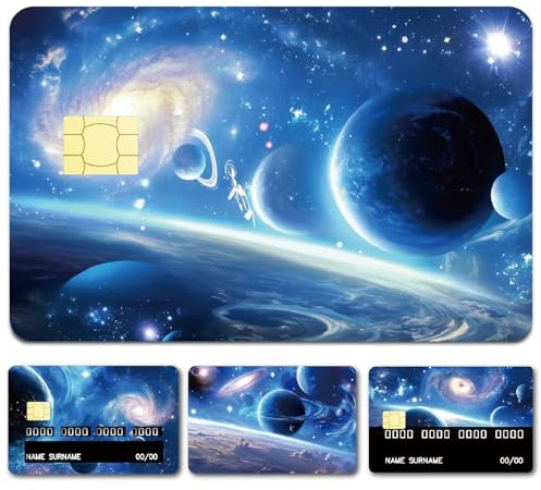 CREATCABIN 4 Stil Blaue Kreditkartenhülle Debitkartenhülle Aufkleber Planet Space Keine Blasen Schmal Bankkarten Schutzaufkleber PVC Wasserdicht Entfernbar Für Geschenke Schlüsselkarten 18.6x13.7cm