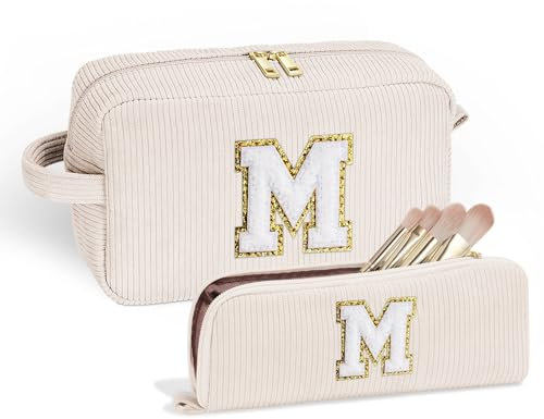 Parima Geschenke für Frauen, Personalisierte Geschenke Kosmetiktasche Set Beauty Case Cord Schminktasche Damen Geburtstagsgeschenk für Frauen Mädchen Geschenke Beige Kosmetiktasche mit Buchstaben M