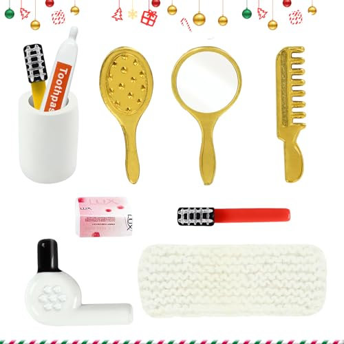 10 Stück Miniatur Puppenhaus Zubehör, Miniatur Toilettenartikel Set, Miniatur Wichtel Zubehör, Miniatur Zahnbürstenbecher, Zahnbürste, Kamm, DIY Deko für Jungen, Mädchen (B)