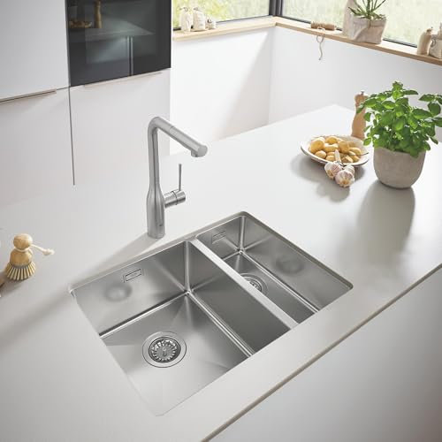 GROHE Kitchen Set of Essence Tap & K700 Kitchen Sink – (Stainless Steel Kitchen Sink 1.5 Bowl 595x450mm, Supersteel Pull-Out Kitchen Tap Size 348mm Tails 3/8 Inch)