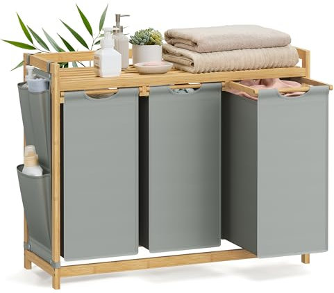 SONGMICS Wäschekorb 3 Fächer, Bambus, Wäschesammler 150 L, Wäschesortierer, mit Ablage, Wäschesack, kleine seitliche Taschen, Wäscheregal, 3 x 50 L, 94 x 33 x 78 cm, taubengrau RLH115G01