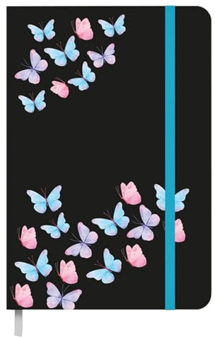 Idena 11168 - Taschenkalender 2025 im Format 9 x 14 cm, 1 Woche auf 1 Seite, Terminplaner in Schwarz mit Schmetterlingsmotiv, Gummiband, Innentasche und Leseband