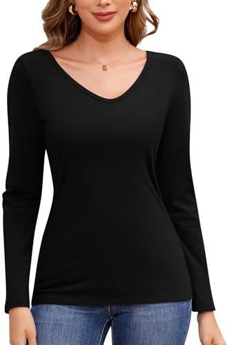 Jiuday Thermoshirt Damen Langarm Thermo Oberteil V Ausschnitt Fleece Pullover Warmer Thermopulli Gefüttert Winter Fleecepulli Slim Fit Thermo Basic Layer Mit Innenfleece (Schwarz,M)