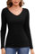 Jiuday Thermoshirt Damen Langarm Thermo Oberteil V Ausschnitt Fleece Pullover Warmer Thermopulli Gefüttert Winter Fleecepulli Slim Fit Thermo Unterhemd Basic Layer Mit Innenfleece (Schwarz,M)