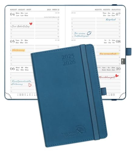 POPRUN Taschenkalender 2025 2026 Klein (Aug.2025-Dez.2026) Softcover mit PU-Leder, ca. A6 (16 x 10,5 cm), terminplaner 2025 2026 Klein 1 Woche 2 Seite mit Stiftschlaufe - Marineblau