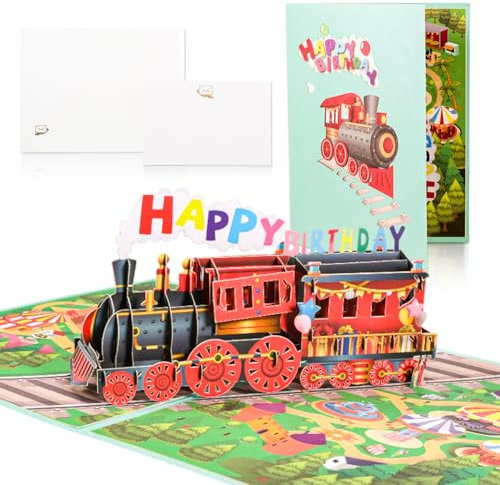 iewrtcin Geburtstagskarte Pop up Karte Geburtstag 3D Zug Geburtstagszug Geburtstagskarte Junge Mädche Pop up Geburtstagskarte mit Umschlag, 3D Pop-Up Happy Birthday Karte für Kinder