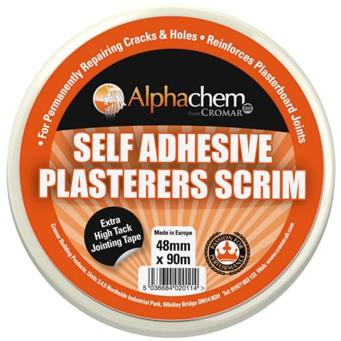 CROMAR – AlphaChem Self Adhesive Plasterers Scrim Tape | 48mm x 90m | Extra High Tack Plaster Adhesive Tape | Heavy Duty Strength Self-Adhesive Tape For Joint Repair – Filling Cracks – Patching Holes