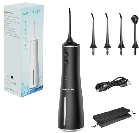 Versalinex Hydropulseur Dentaire Portable 300 ml – Jet Dentaire Rechargeable USB-C, 4 Modes, 4 Embouts Rotatifs, Étanche IPX7 – Irrigateur Oral Haute Pression, Convient aux Appareils Dentaires (Noir)