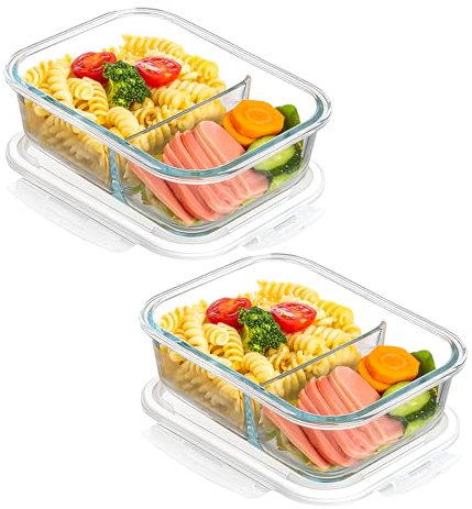 LEKEFETO Juego de 2 recipientes de cristal para preparar comida con tapa con 2 compartimentos, 1040 ml, sin BPA, herméticos, para lavavajillas, microondas, horno